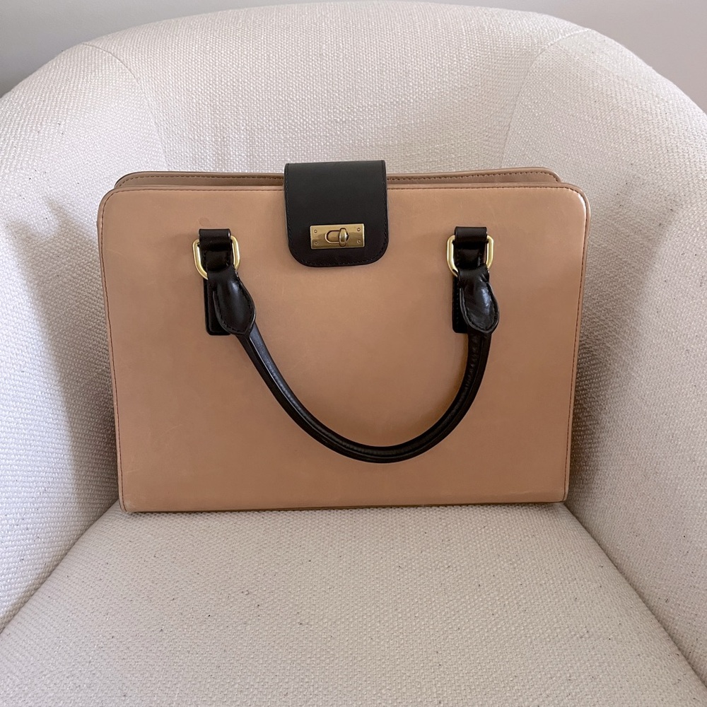 J Crew Tan & Black Edie Attaché Tote